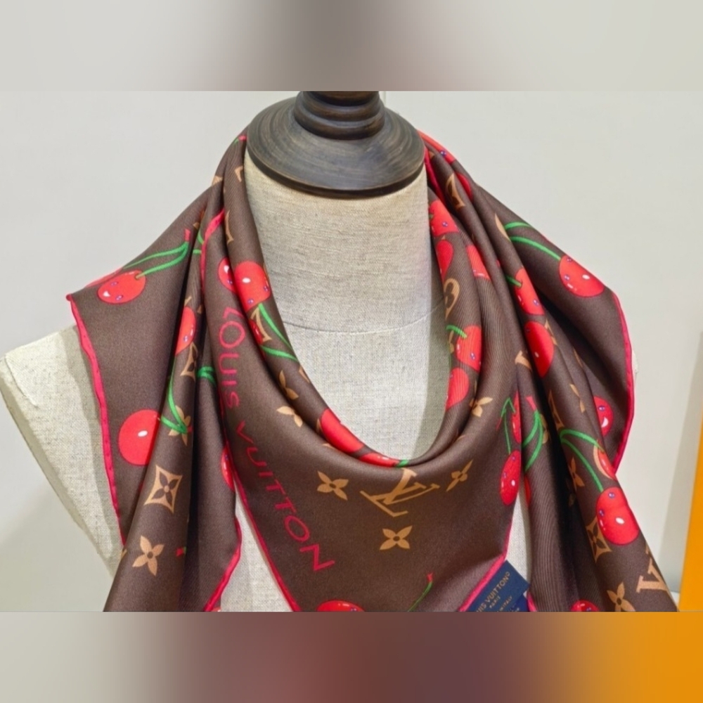 Cherry Print Scarf in Brown and Red - Picture 2 of 10